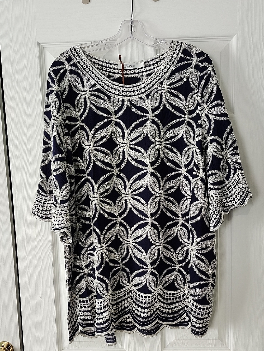 Solitaire Boho Embroidered Tunic In Navy & Ivory. Scalloped Hem & Bell Sleeves